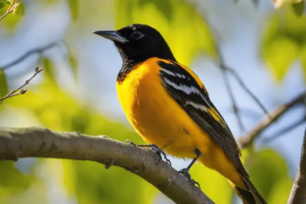 An image of a vibrant yellow and black Baltimore Oriole perched on a tree branch in a Pennsylvania forest