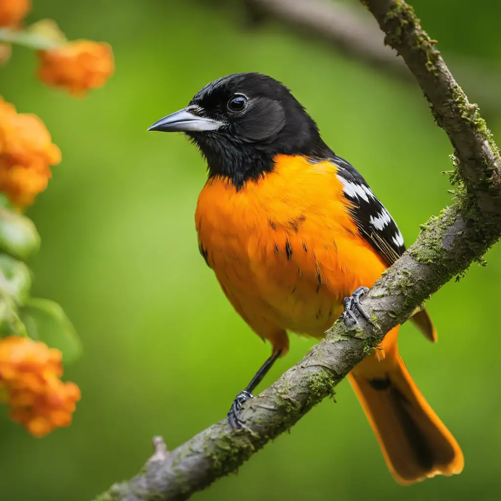 An image of a vibrant Baltimore Oriole perched on a branch, displaying its bold orange and black plumage with a splash of bright yellow on its wings, set against a backdrop of lush green foliage