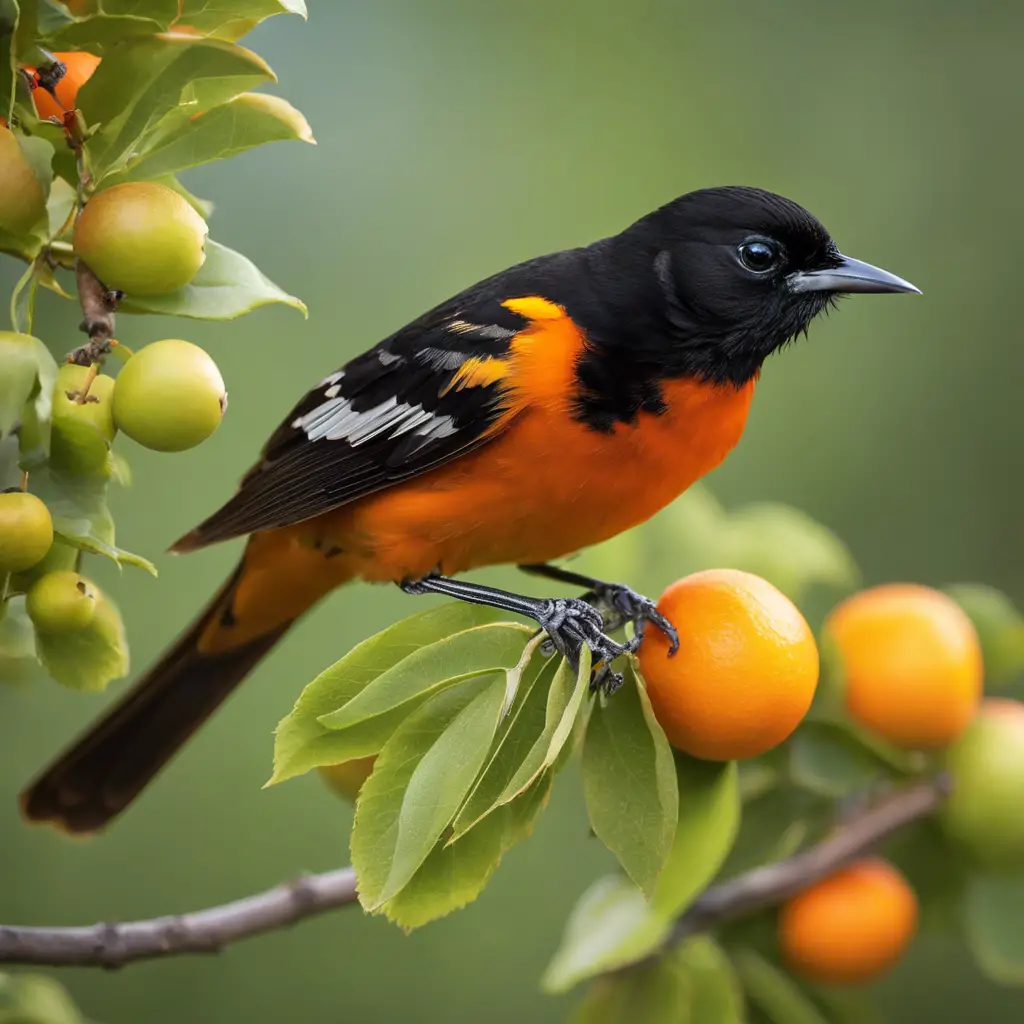 An image showcasing the vibrant orange and black plumage of the Orchard Oriole perched on a fruit tree branch, with its slender body and pointed beak in clear view
