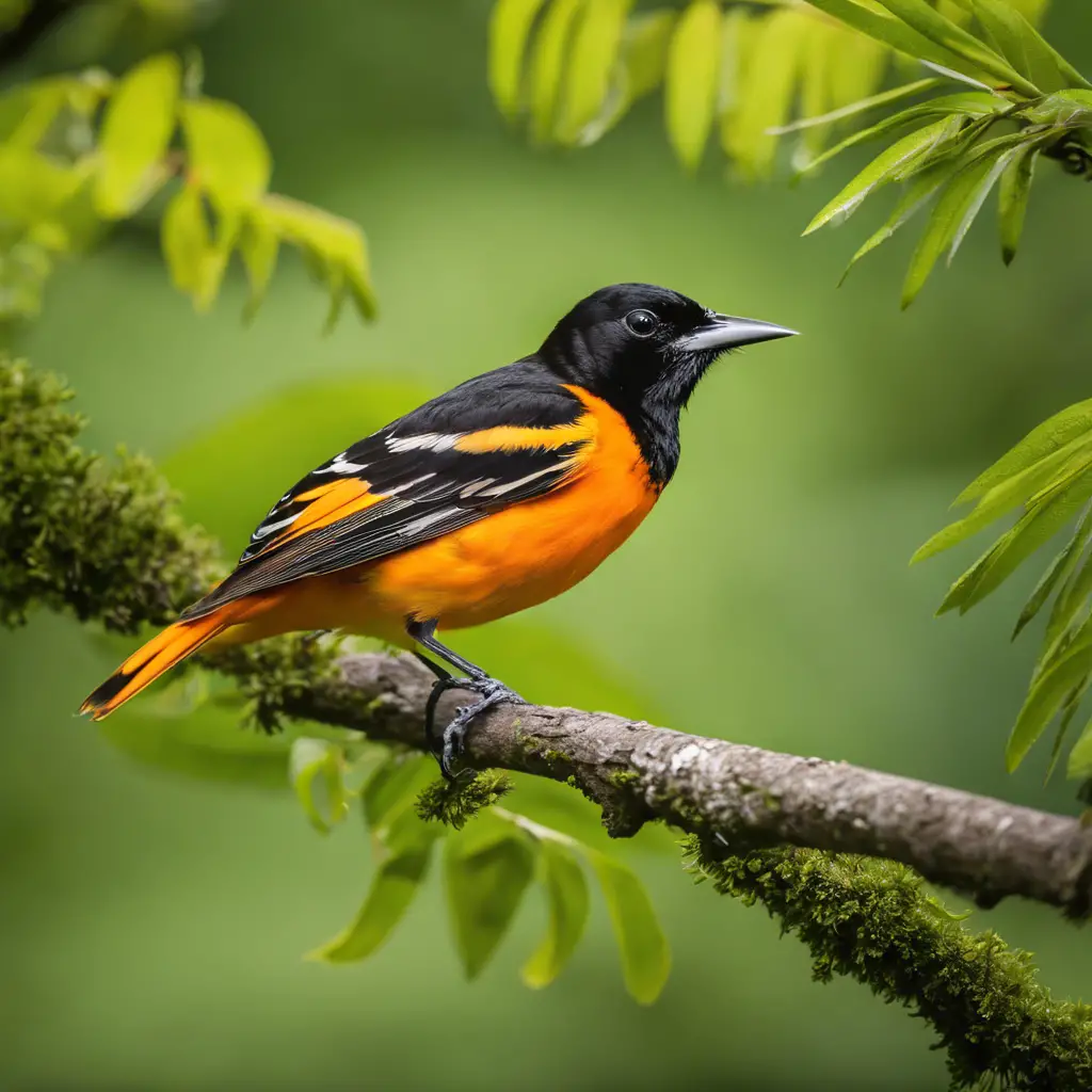 An image showcasing the vibrant orange and black feathers of a Baltimore Oriole perched on a tree branch, with a backdrop of lush green foliage typical of Pennsylvania's forests