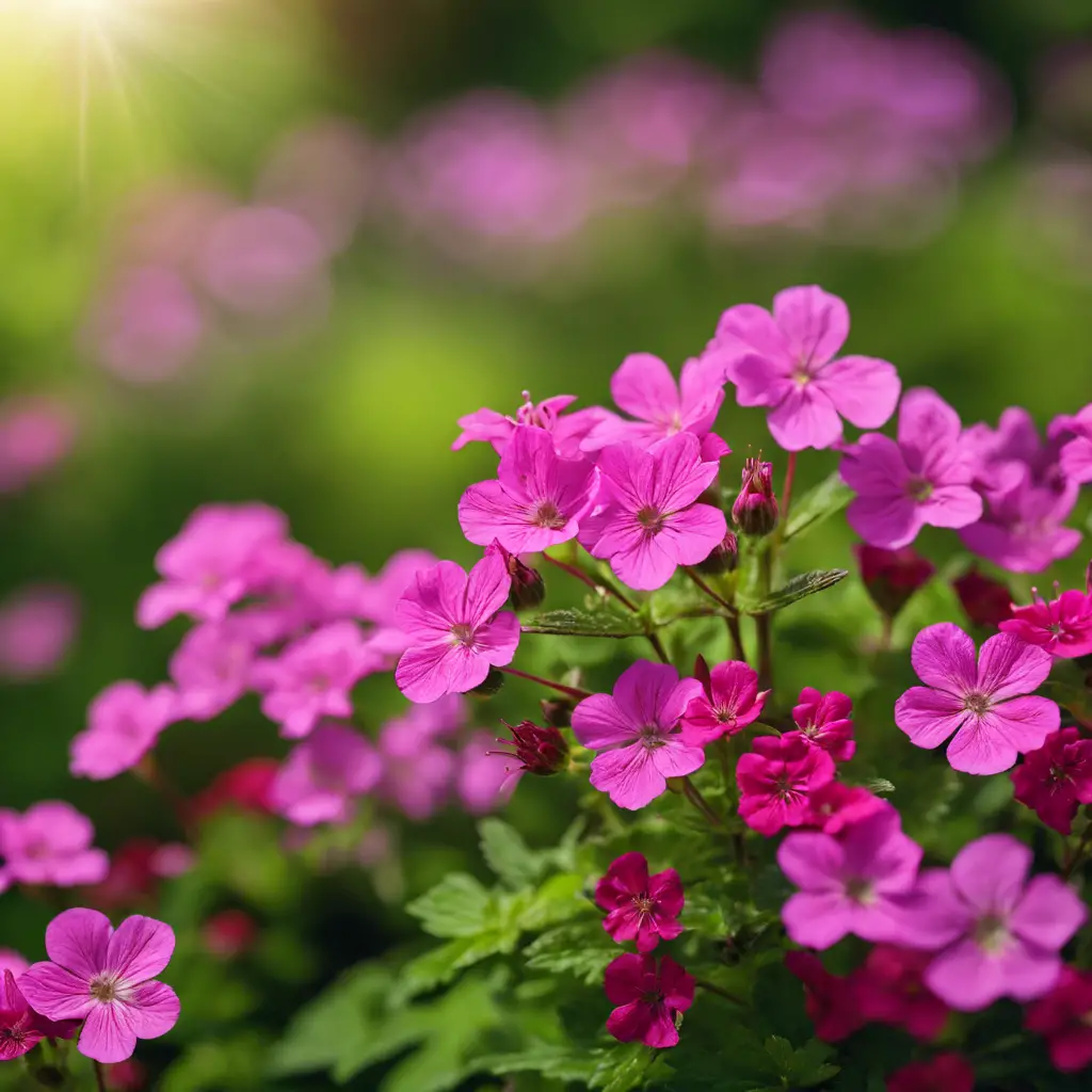 An image showcasing a vibrant display of pink wildflowers commonly found in Pennsylvania, such as wild geraniums, mountain laurel, and fire pinks, set against a backdrop of lush green foliage