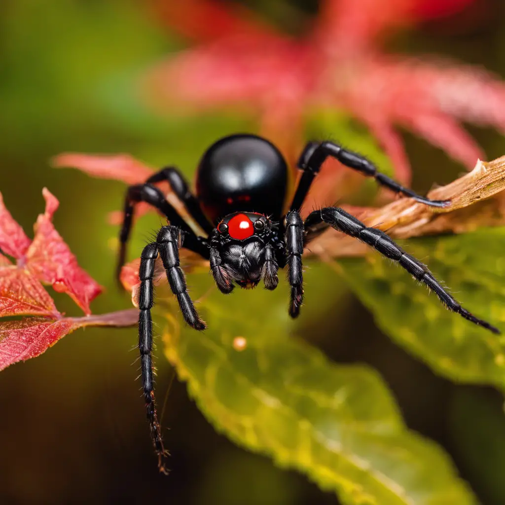 An image of a close-up view of a black widow spider with its distinctive red hourglass marking on its abdomen, against a blurred background of Pennsylvania foliage