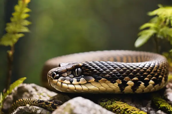 An image of a Timber Rattlesnake coiled on a rocky ledge, blending in with the surroundings in a forested area of Pennsylvania