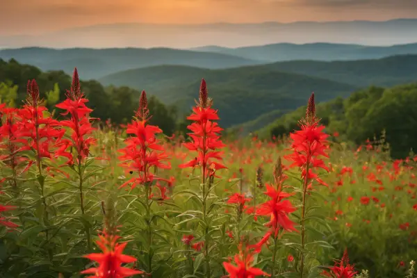 An image of a lush field filled with vibrant red cardinal flowers, trumpet honeysuckles, and red columbines blooming against a backdrop of rolling hills in North Carolina