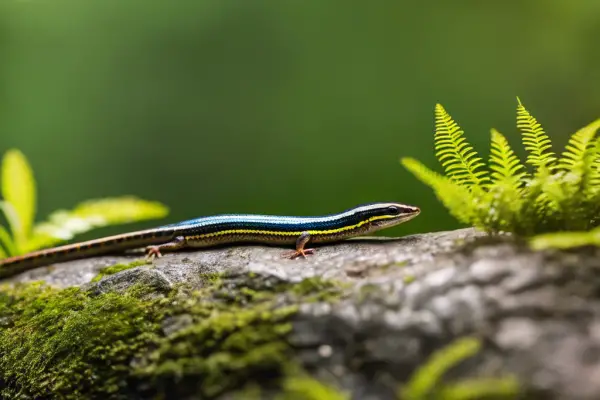 An image of a vibrant Eastern Five-lined Skink basking on a rock in a lush forest setting in North Carolina