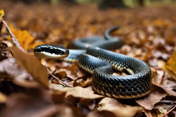 An image of a vibrant Eastern Kingsnake slithering through a forest floor covered in fallen leaves, showcasing the diversity of snakes in North Carolina