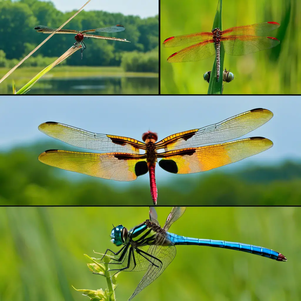 A collage featuring various dragonflies native to Ohio: vibrant green Darner, blue and black Pondhawk, red Meadowhawk, and the distinctive Halloween Pennant, all set against a backdrop of Ohio's natural wetland habitats