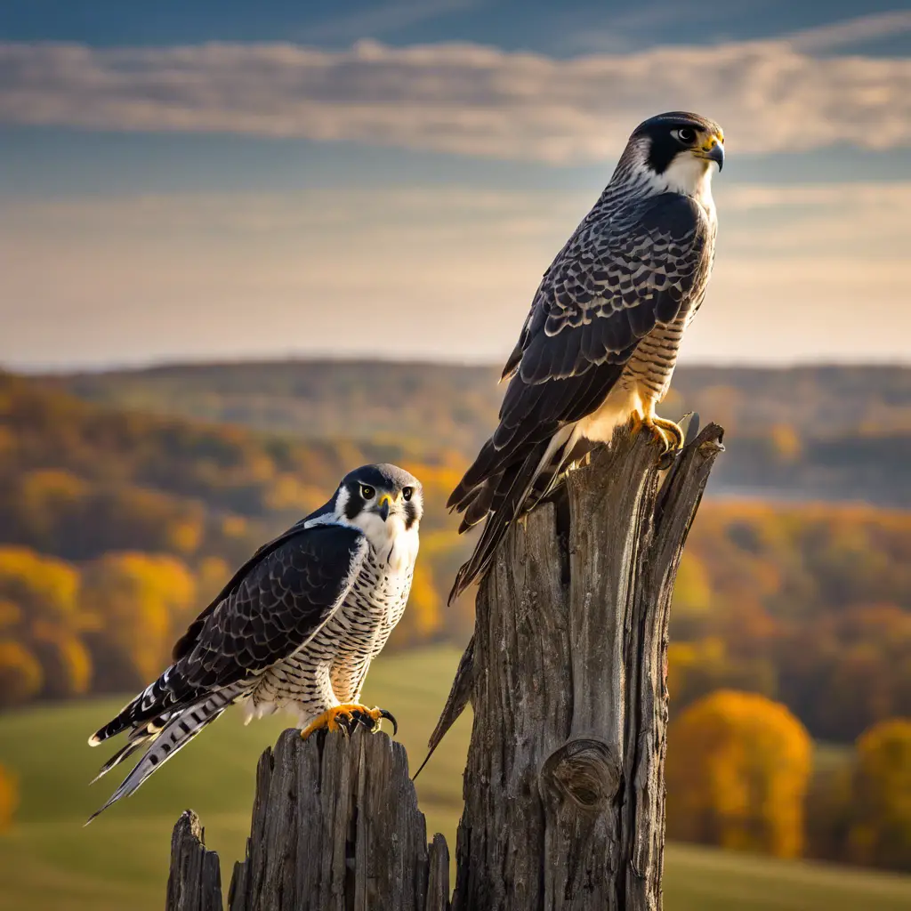Ate four distinct falcons perched on separated branches against a backdrop of Ohio's landscape: a Peregrine Falcon, an American Kestrel, a Merlin, and a Gyrfalcon, each with identifying features highlighted