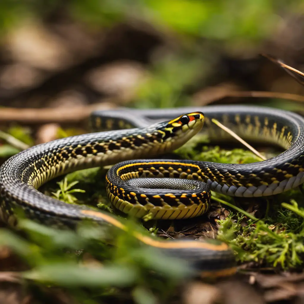 An illustration showcasing five distinct garter snakes native to Ohio, each in its natural habitat, with varied patterns and colors, capturing their unique characteristics against a backdrop of Ohio's diverse ecosystems