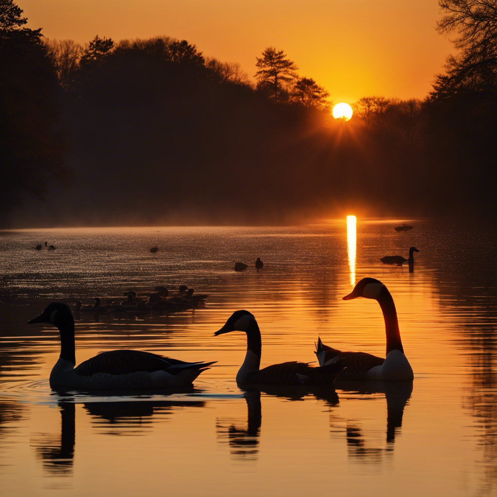 An image featuring a serene Ohio lake at sunrise, showcasing silhouettes of various geese and swans species native to the area, each distinctly posed to highlight their unique shapes and sizes