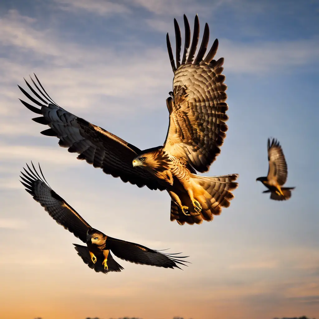Ate a serene Ohio landscape at dawn, showcasing a montage of five distinct hawks in flight above, each demonstrating unique color patterns and wing shapes to represent their diversity