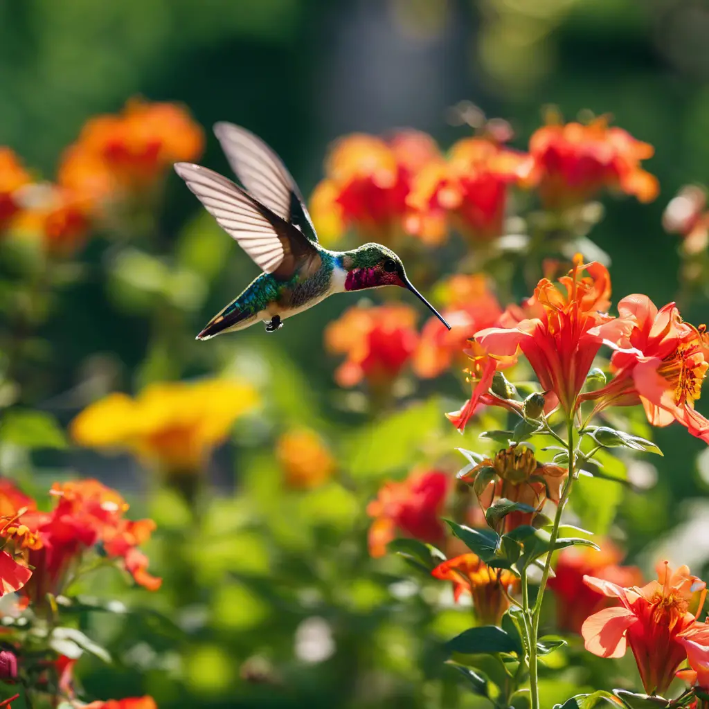 An image showcasing a vibrant garden in Ohio, filled with trumpet vines, bee balms, and columbines, with several hummingbirds hovering and feeding from the brightly colored flowers under a clear, sunny sky