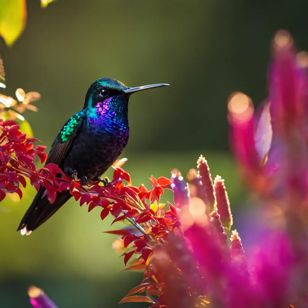 An image showcasing various iridescent birds native to Ohio, such as hummingbirds and grackles, perched among vibrant foliage, with sunlight highlighting their shimmering feathers against a serene, natural backdrop